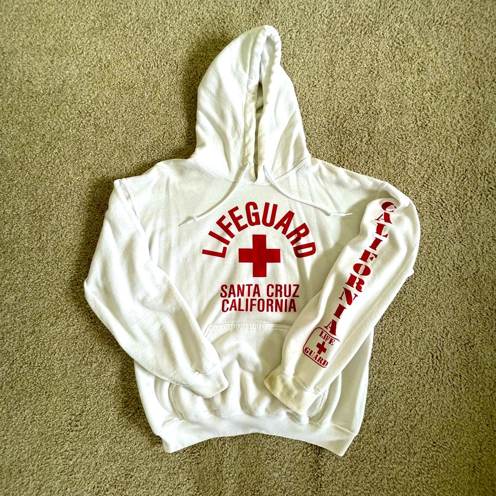 Santa Cruz Lifeguard Hoodie M White Red Vintage Style California Beach Surf
